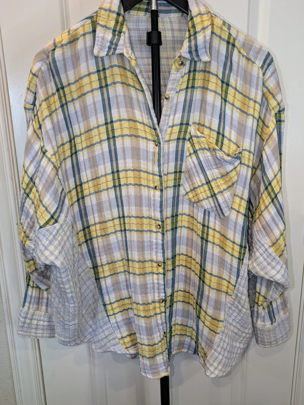 Free People Plaid Cotton Gauze Button Front Oversized Dolman Shirt No Size Tag